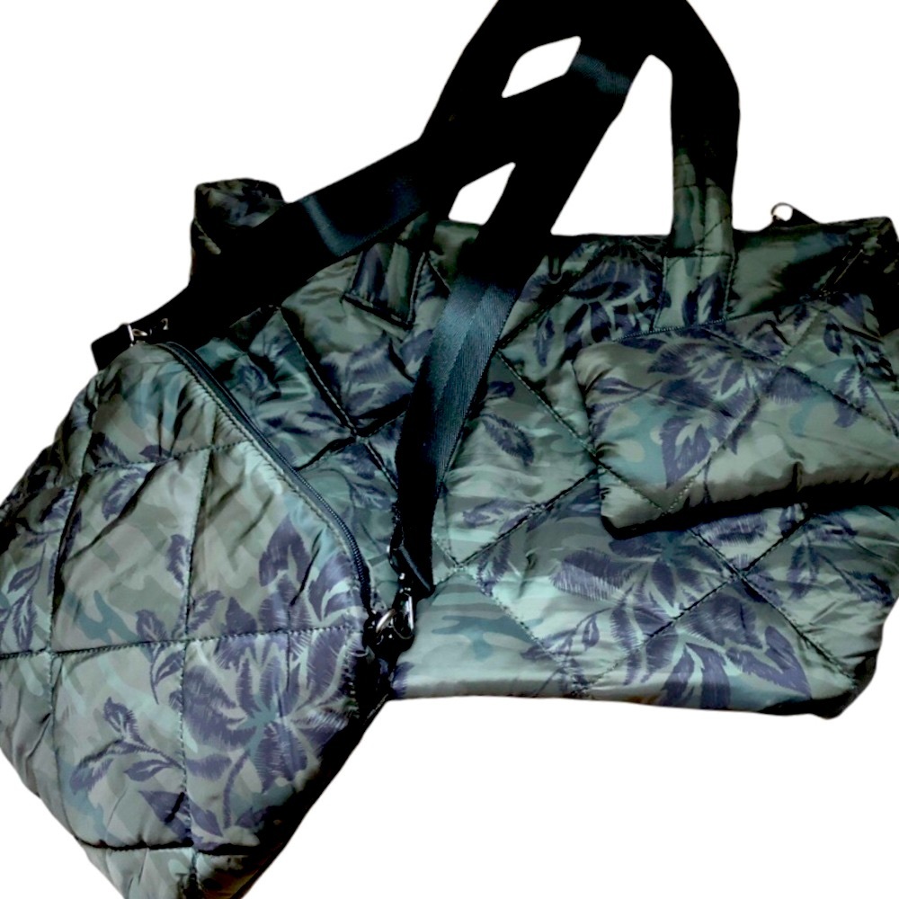 Quilted Green Leaf Motif Camouflage Bags Bundle of 3 Tote/Crossbody/Mini Purse
